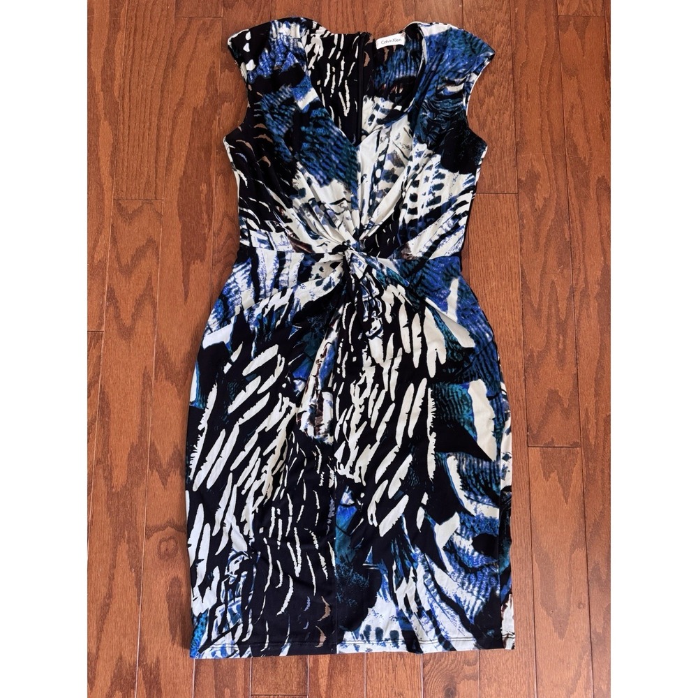 Calvin‎ Klein Sheath Dress Blue Abstract Print Ruched Career Modern Sz 6